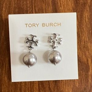 Tory Burch Silver Logo Drop Pearl Earrings with Gray Pearls